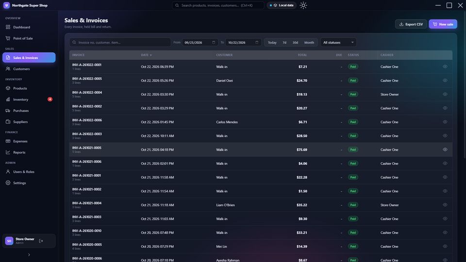 Sales and invoices list
