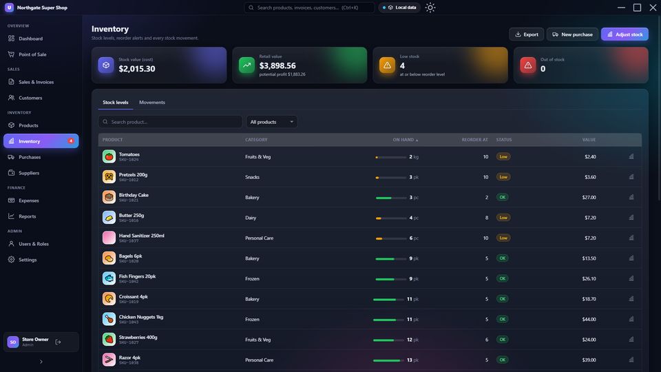 Inventory page with stock value and reorder bars